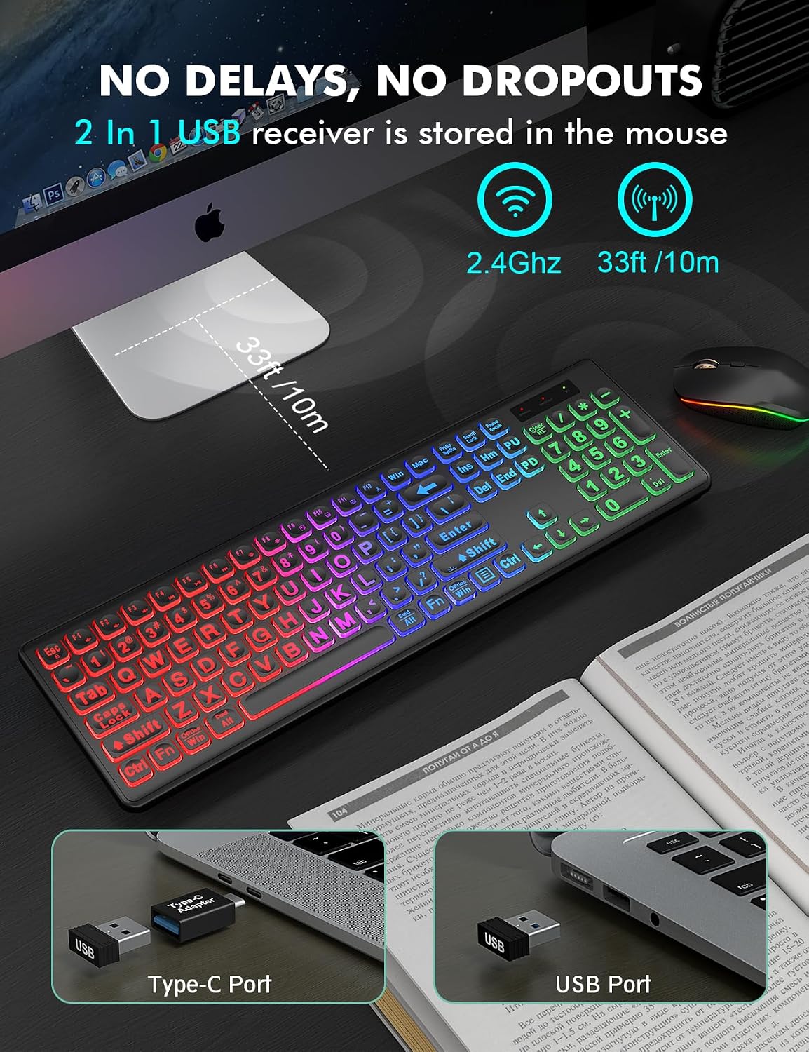 Combo de teclado y ratón inalámbricos, retroiluminación RGB, recarg...