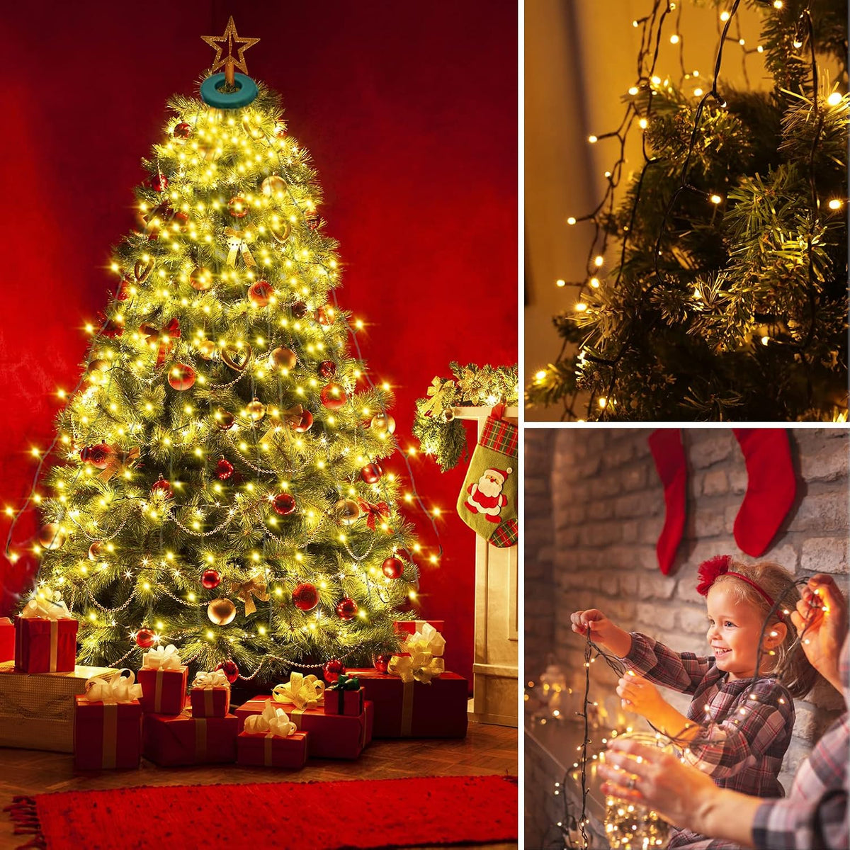 VIL Luces para árbol de Navidad con anillo, 6.6 pies, 8 líneas, 280...