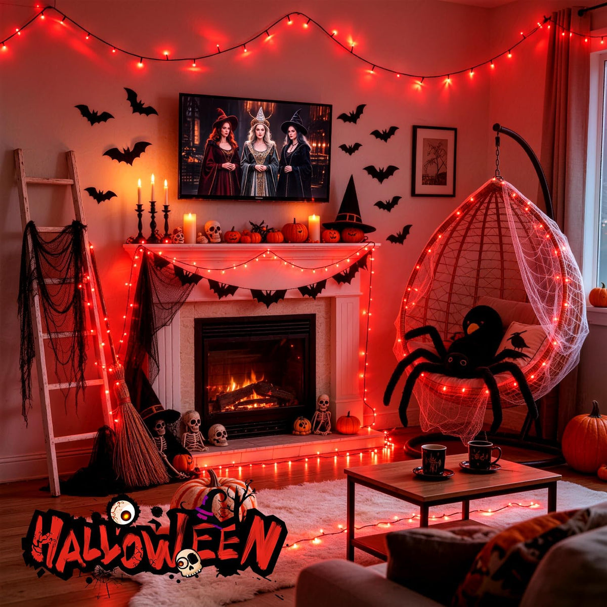 JMEXSUSS 250 luces LED rojas para Halloween, 91.5 pies de luces roj...