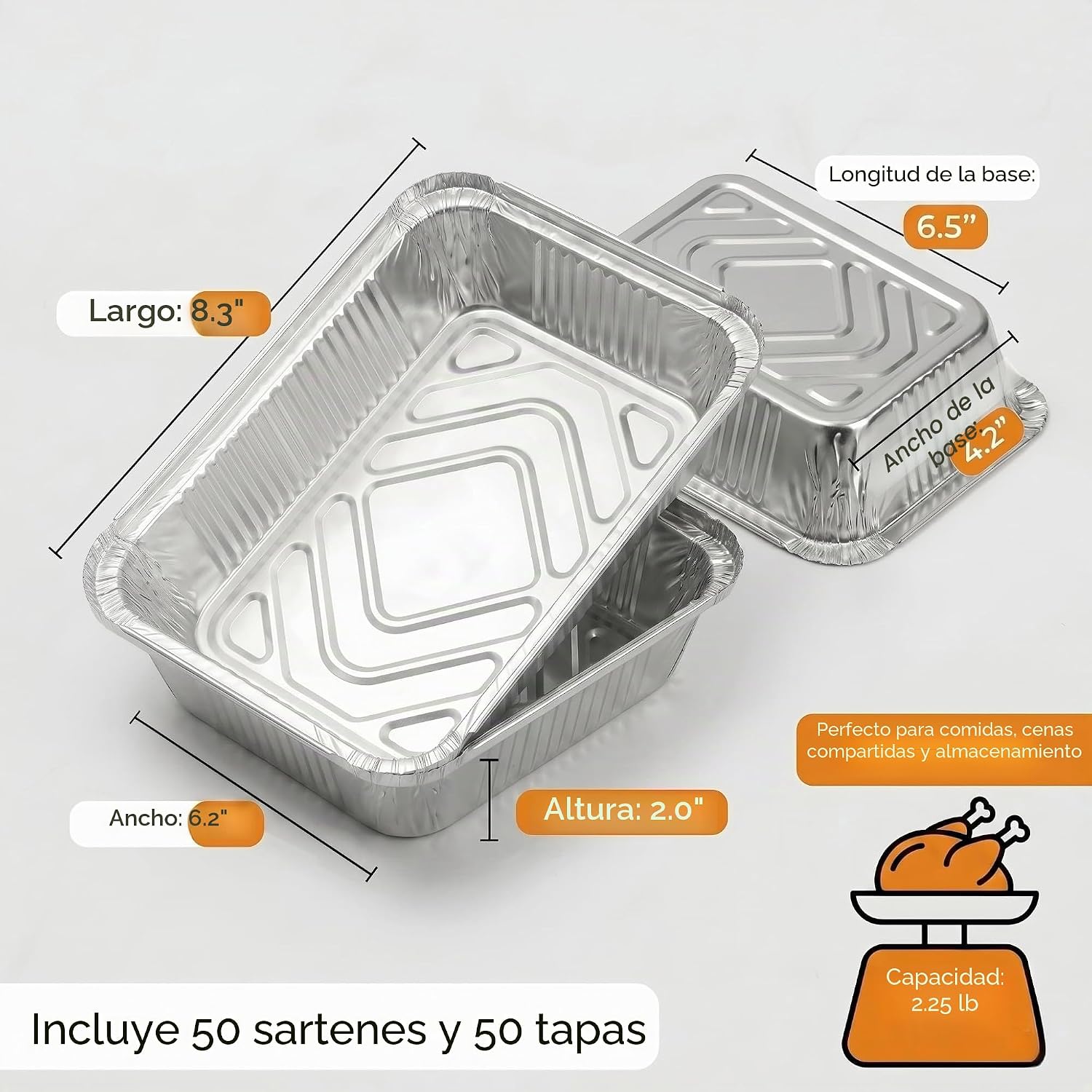 Julpvom Paquete de 50 bandejas de aluminio con tapas, recipientes d...