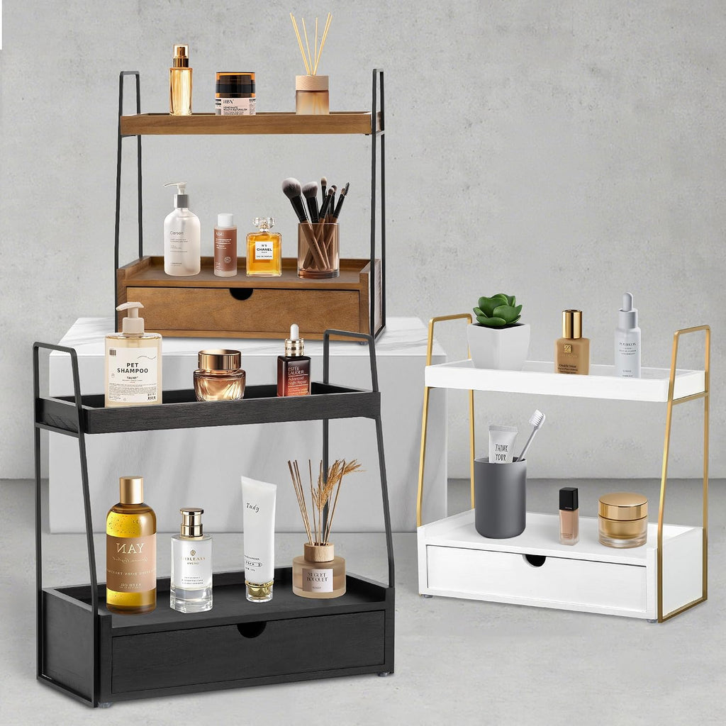 Organizador de encimera de baño de 2 niveles con cajón, estante de...
