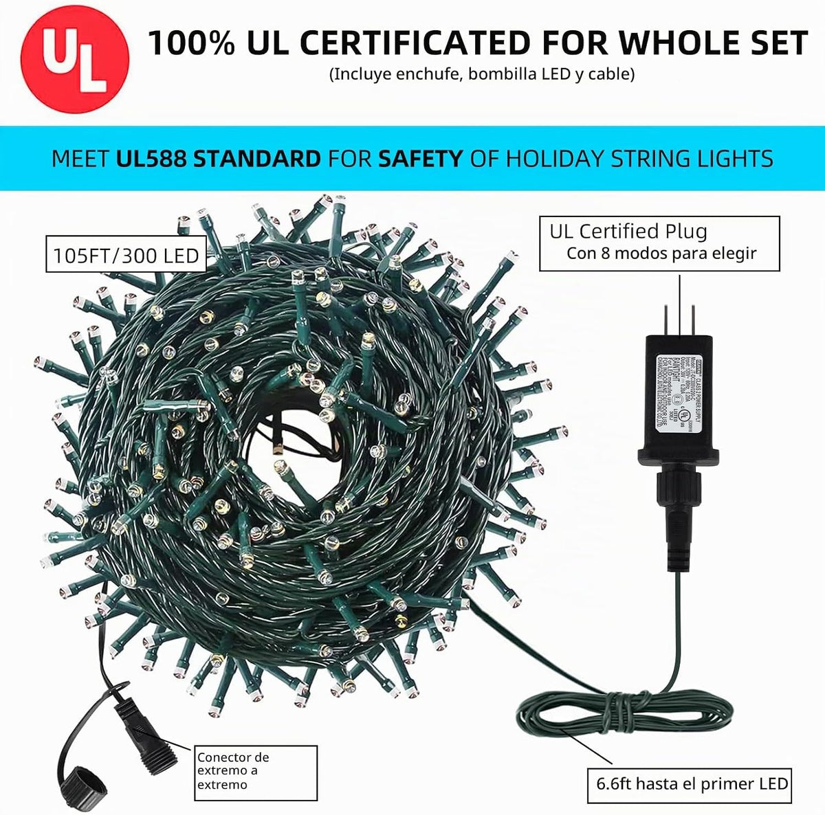 MZD8391 300 luces LED de Navidad de 105 pies, para interiores y ext...