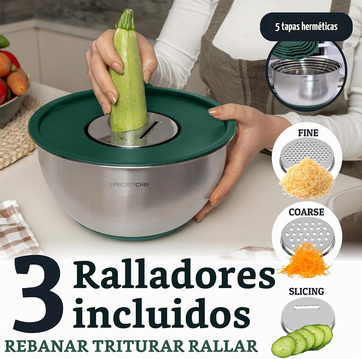 Priority Chef Juego de tazones para mezclar de acero inoxidable con...
