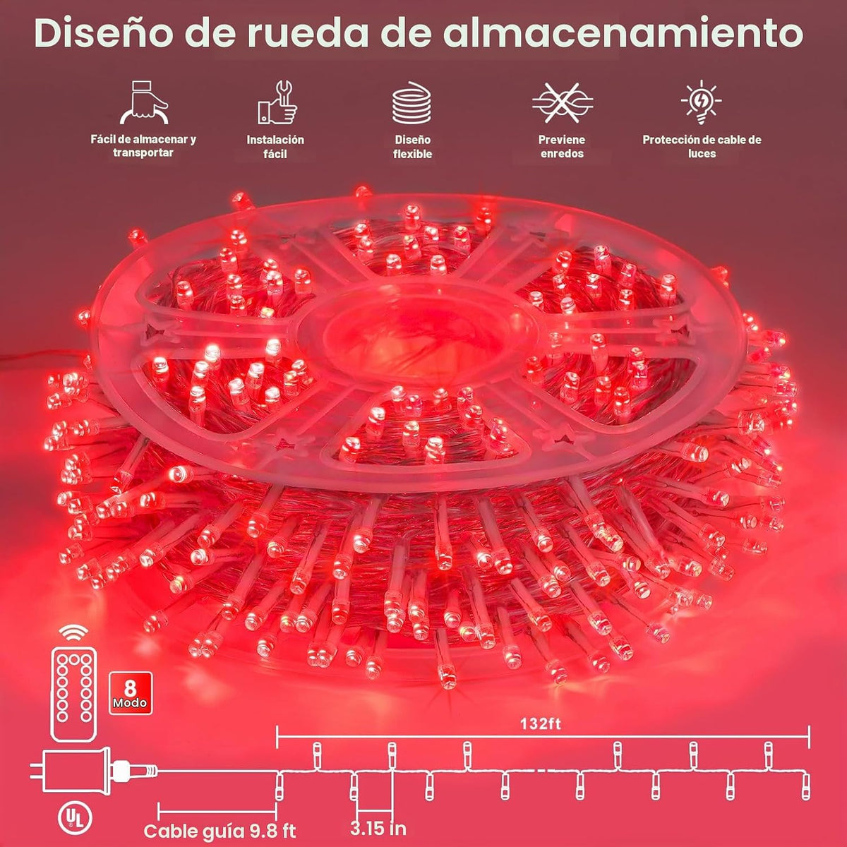 JMEXSUSS 400 luces LED rojas de Navidad, cadena de luces de 132 pie...