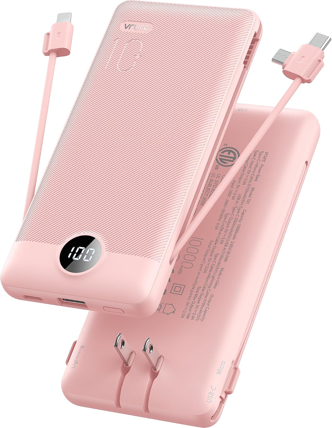 VRURC Cargador portátil, cables integrados en el banco de energía y...