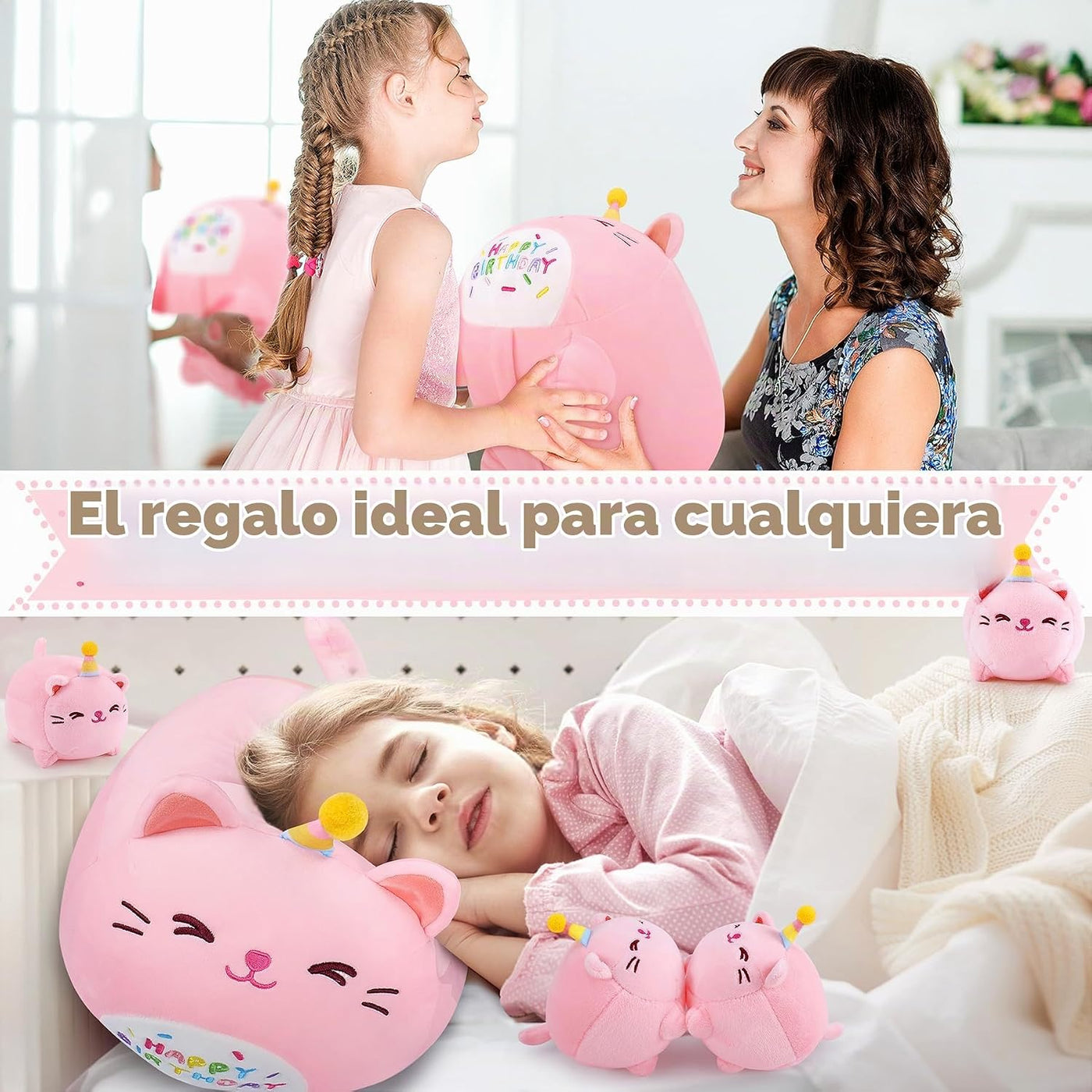 Peluche de Gato Rosa de Cumpleaños, 5 Piezas Familia de Animales de...