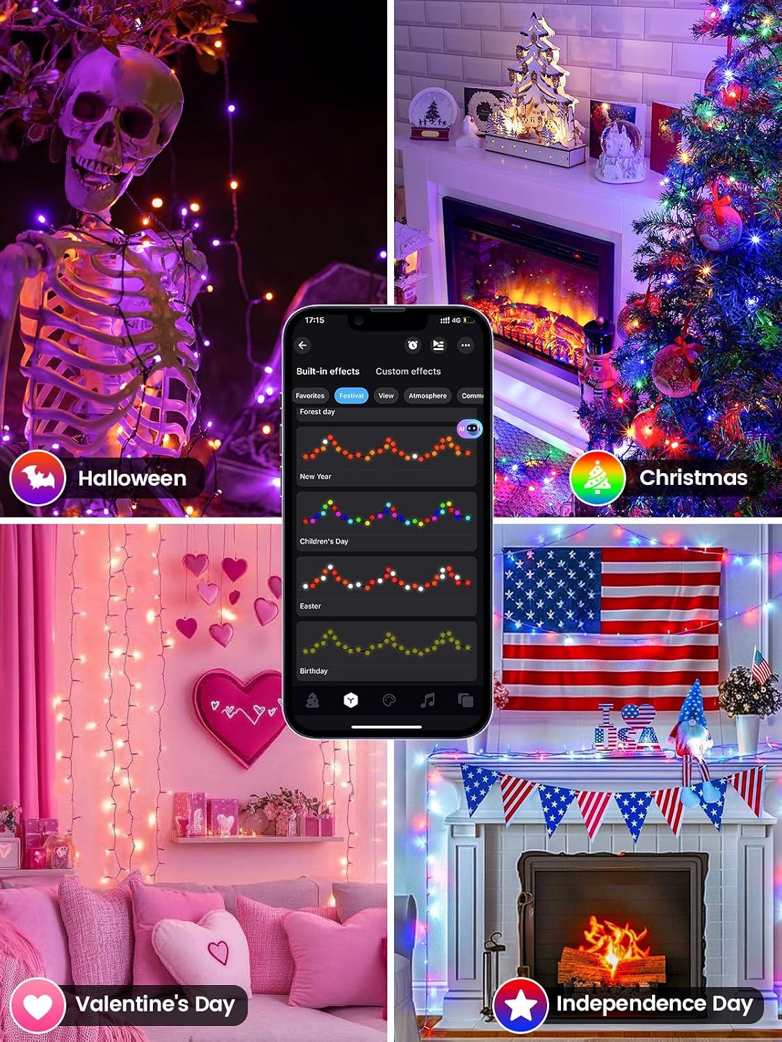 Guirnalda de luces navideñas inteligentes con cambio de color, cont...