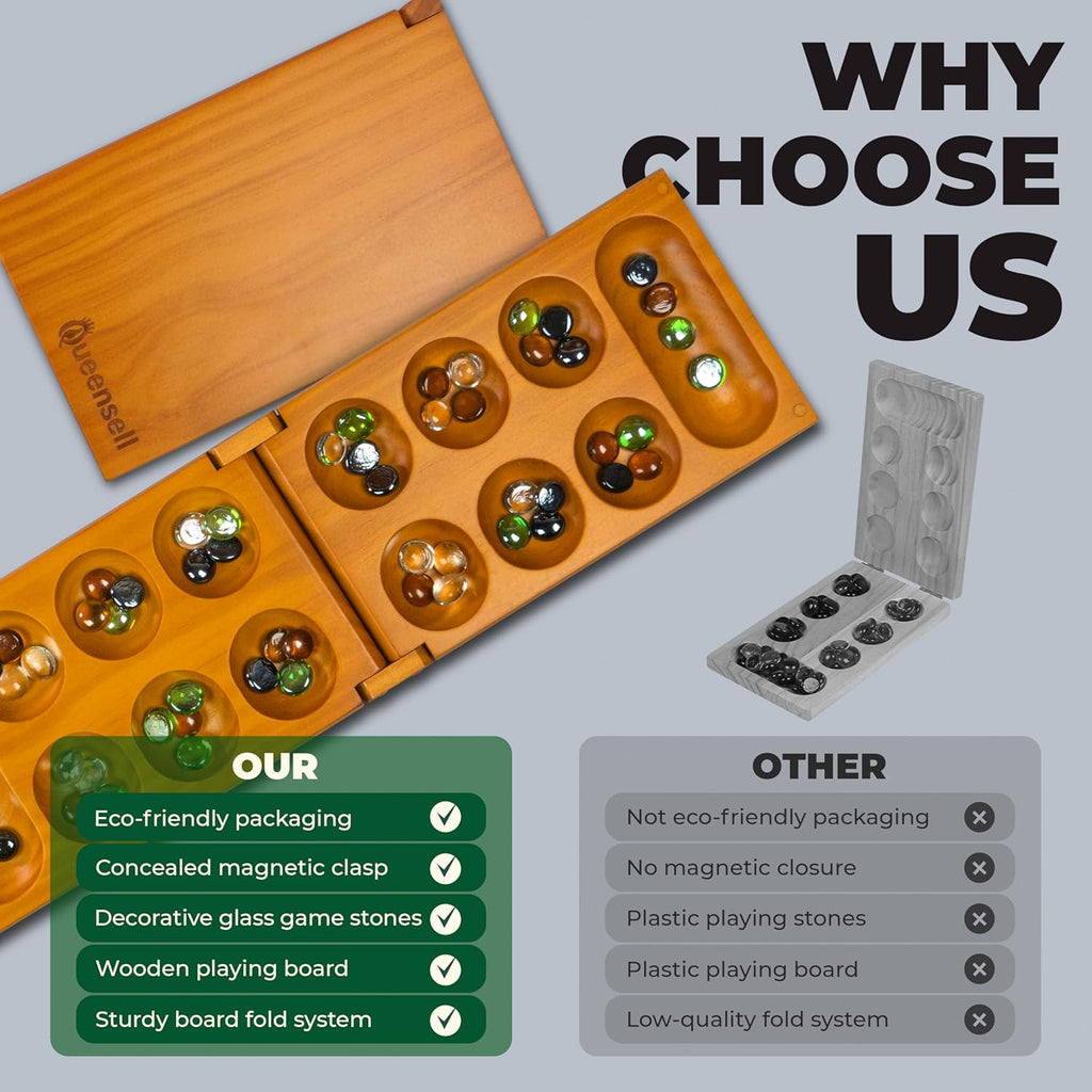 Mancala - Juego de mesa con bloqueo magnético, juego plegable clásico para 2 jugadores, juego de mancala de madera con 56 guijarros de cristal, juego de Mancala para niños y adultos