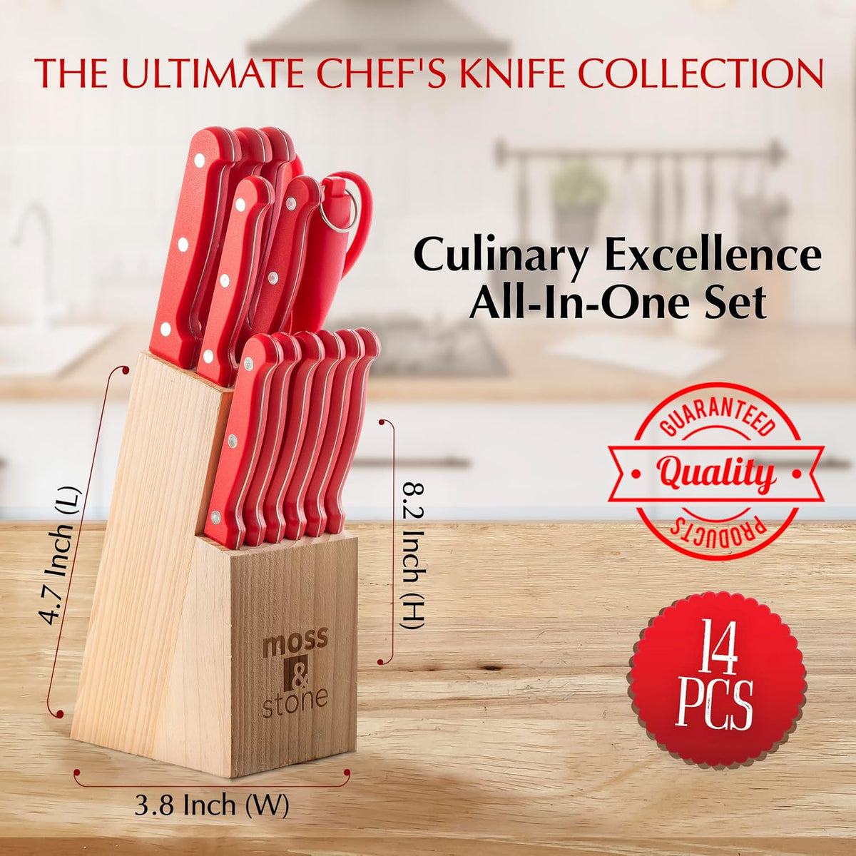 Moss &amp; Stone Juego de cuchillos de cocina rojos de 14 piezas co...