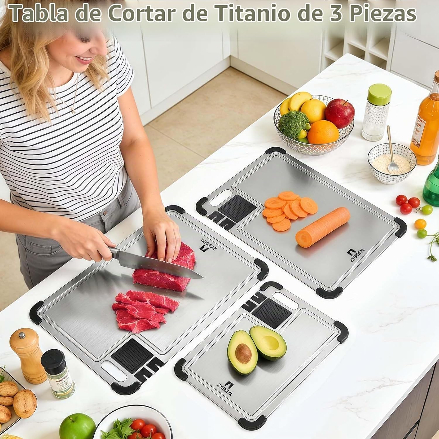 ZYBIDEAL Juego de 3 tablas de cortar de titanio premium, tabla de c...