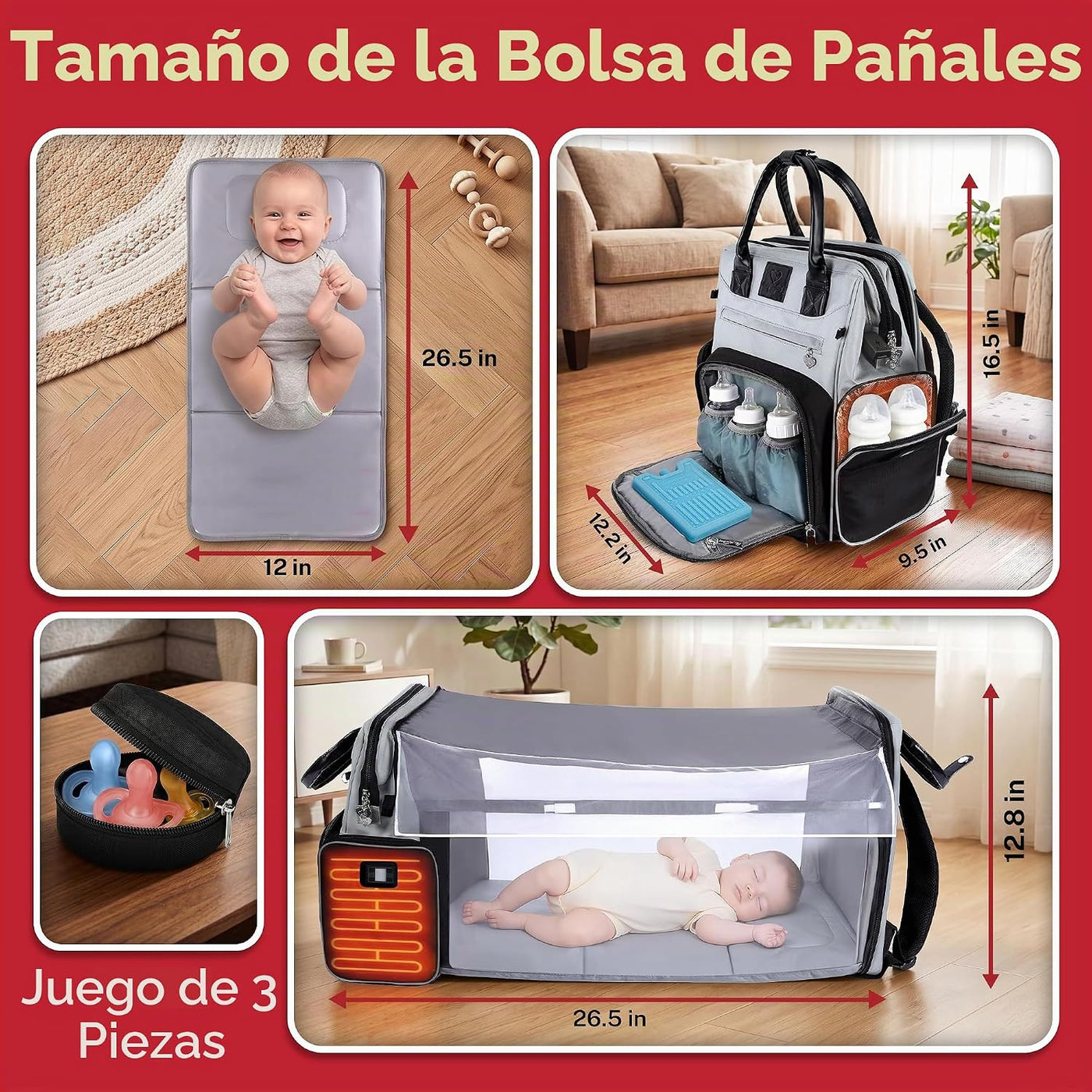 Bolsa de pañales para bebé premium con cambiador, mochila para paña...