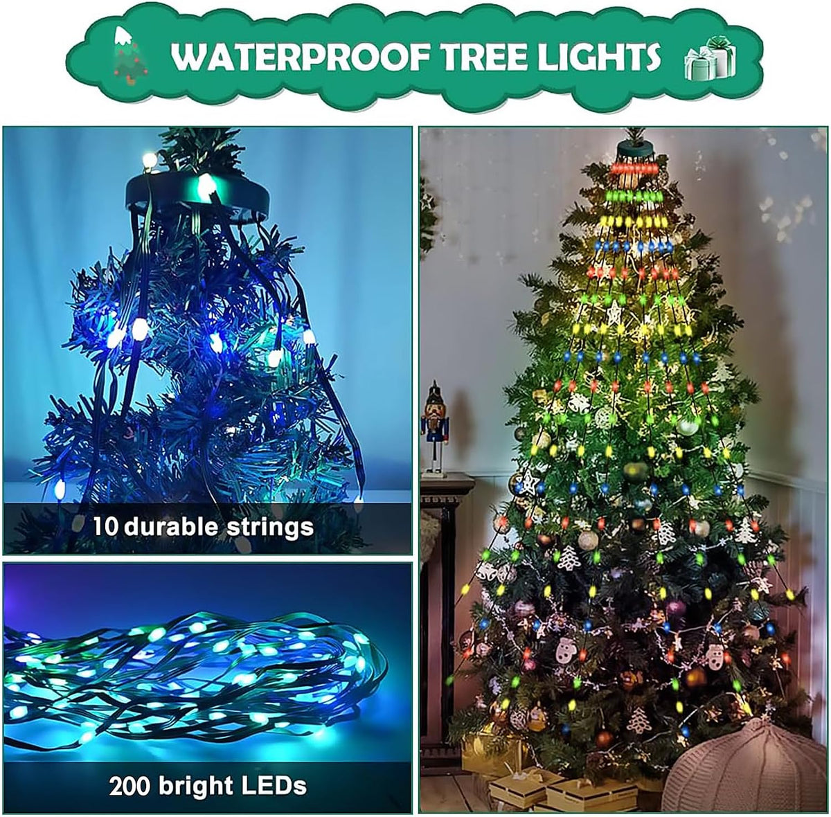 Cadena de luces para árbol de Navidad con anillo, control remoto in...
