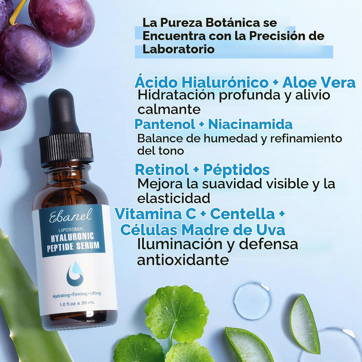 Ebanel Suero de ácido hialurónico para cara con péptidos, suero ant...