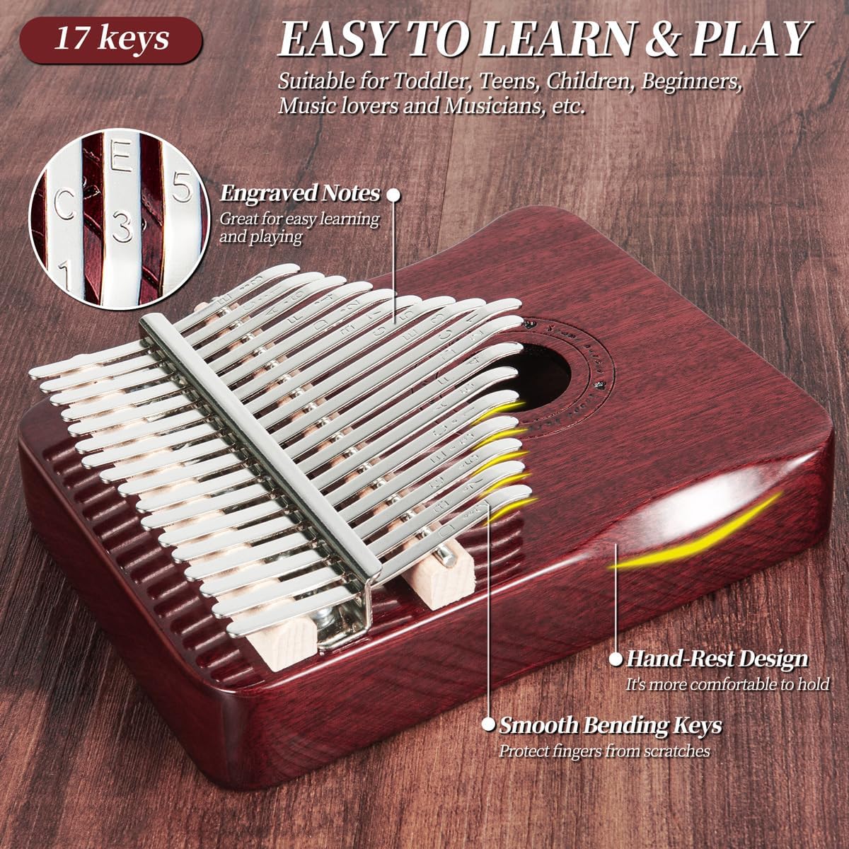 Kalimba - Piano de pulgar de 17 teclas (rojo vino)
