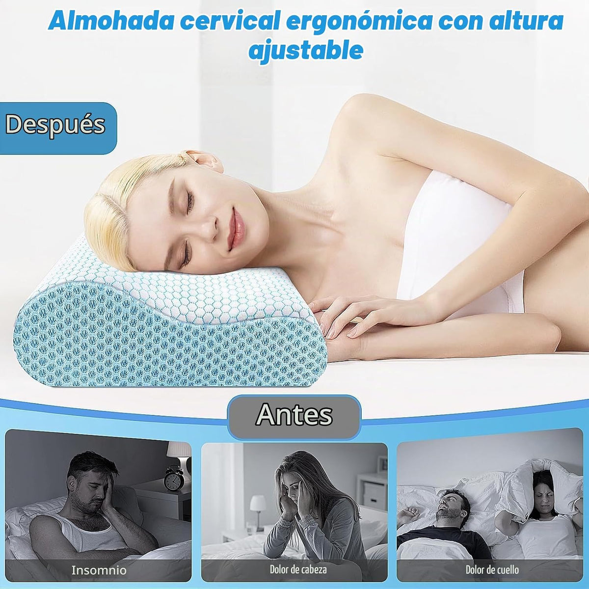 Almohada cervical ergonómica para dormir, tamaño Queen azul | Almoh...