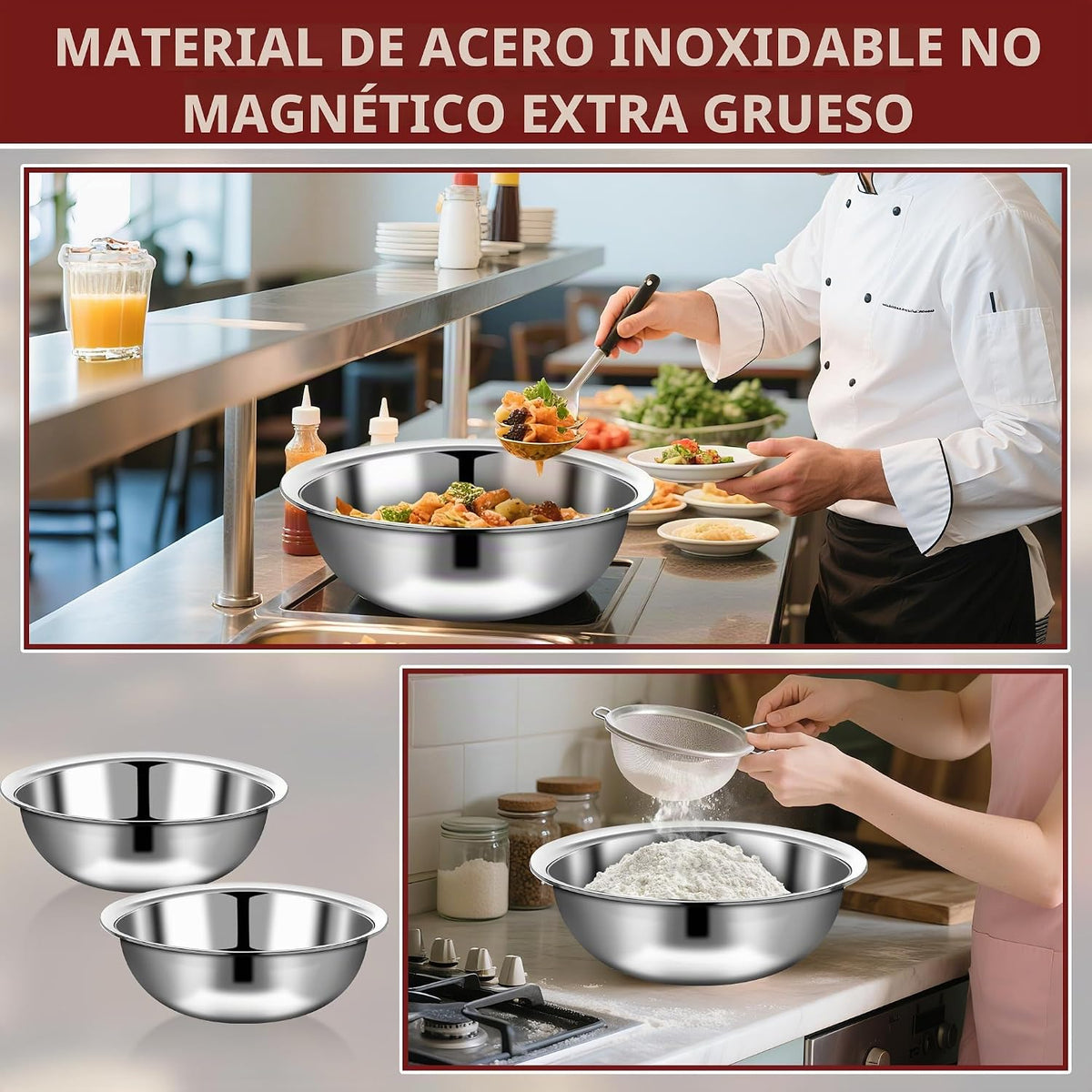 TREEHAC - 6 cuencos de acero inoxidable grandes para ensalada, 16 p...