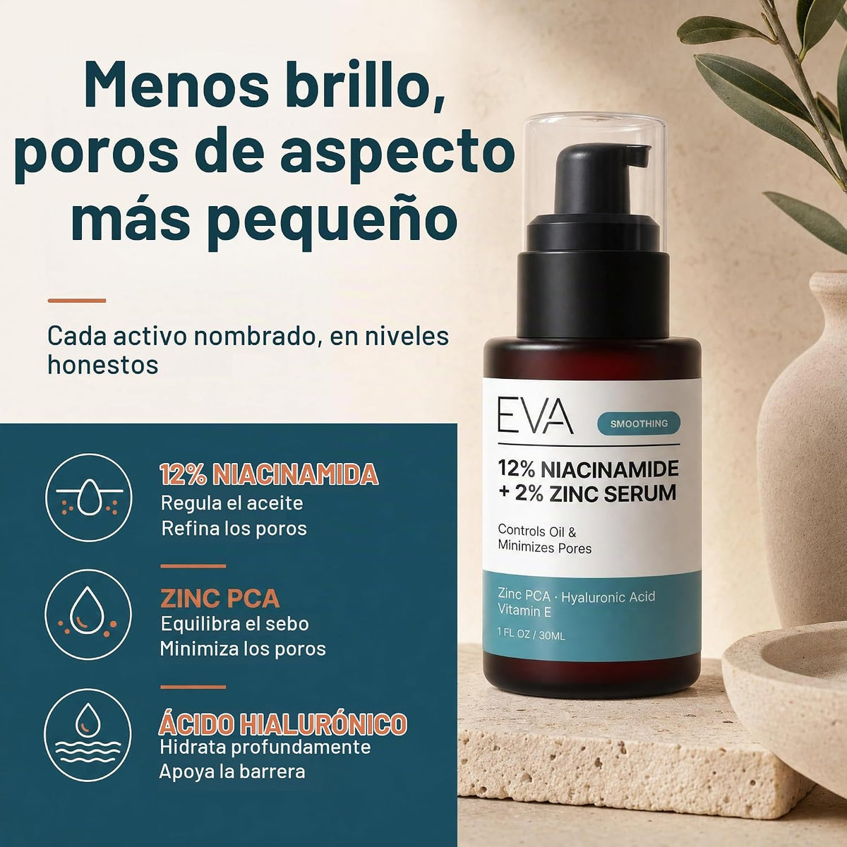 Eva Naturals Niacinamida 12% + Suero de zinc con ácido hialurónico,...