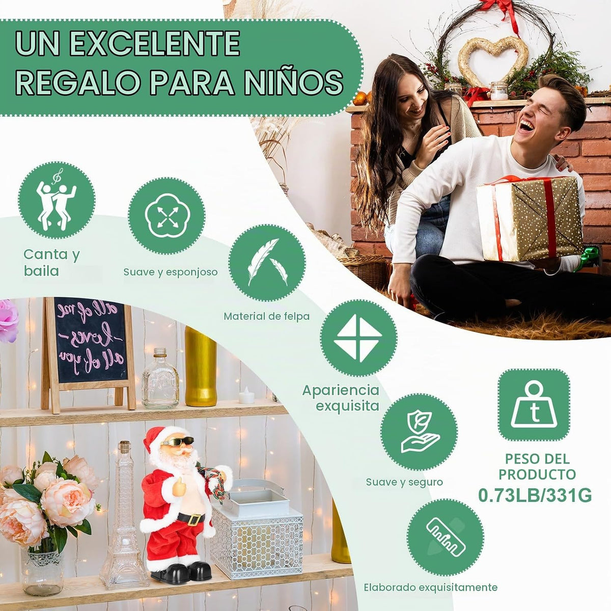 Peluche animado de Papá Noel cantando y bailando con vientre temblo...
