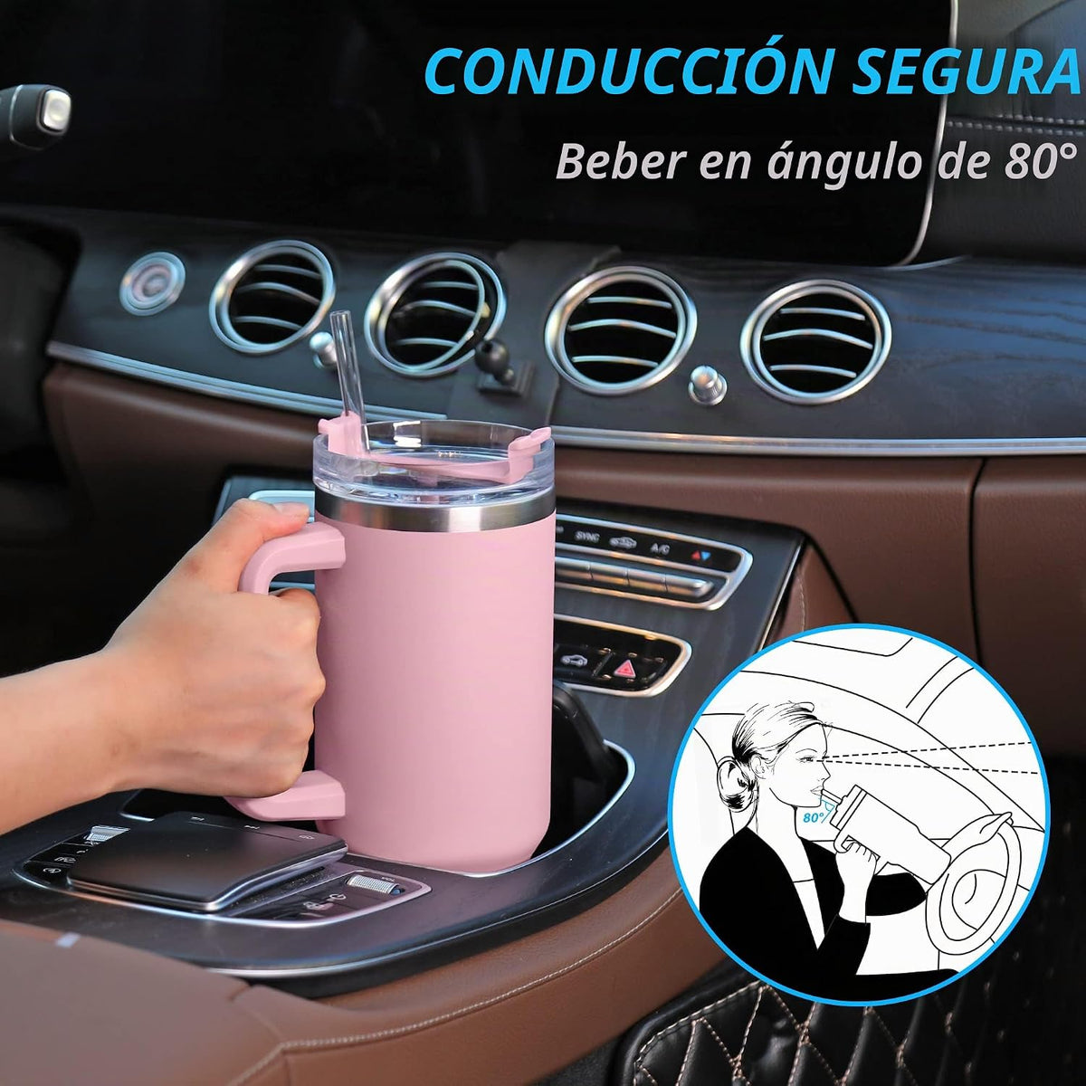 Vaso de 40 onzas con asa y pajilla, taza de viaje aislada rosa para...