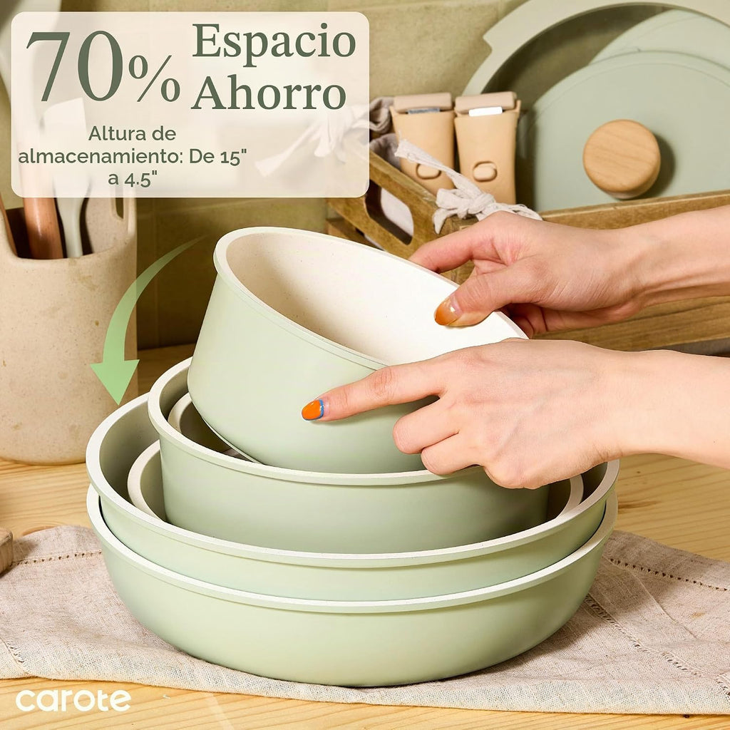 CAROTE - Juego de ollas y sartenes antiadherentes, mango desmontabl...