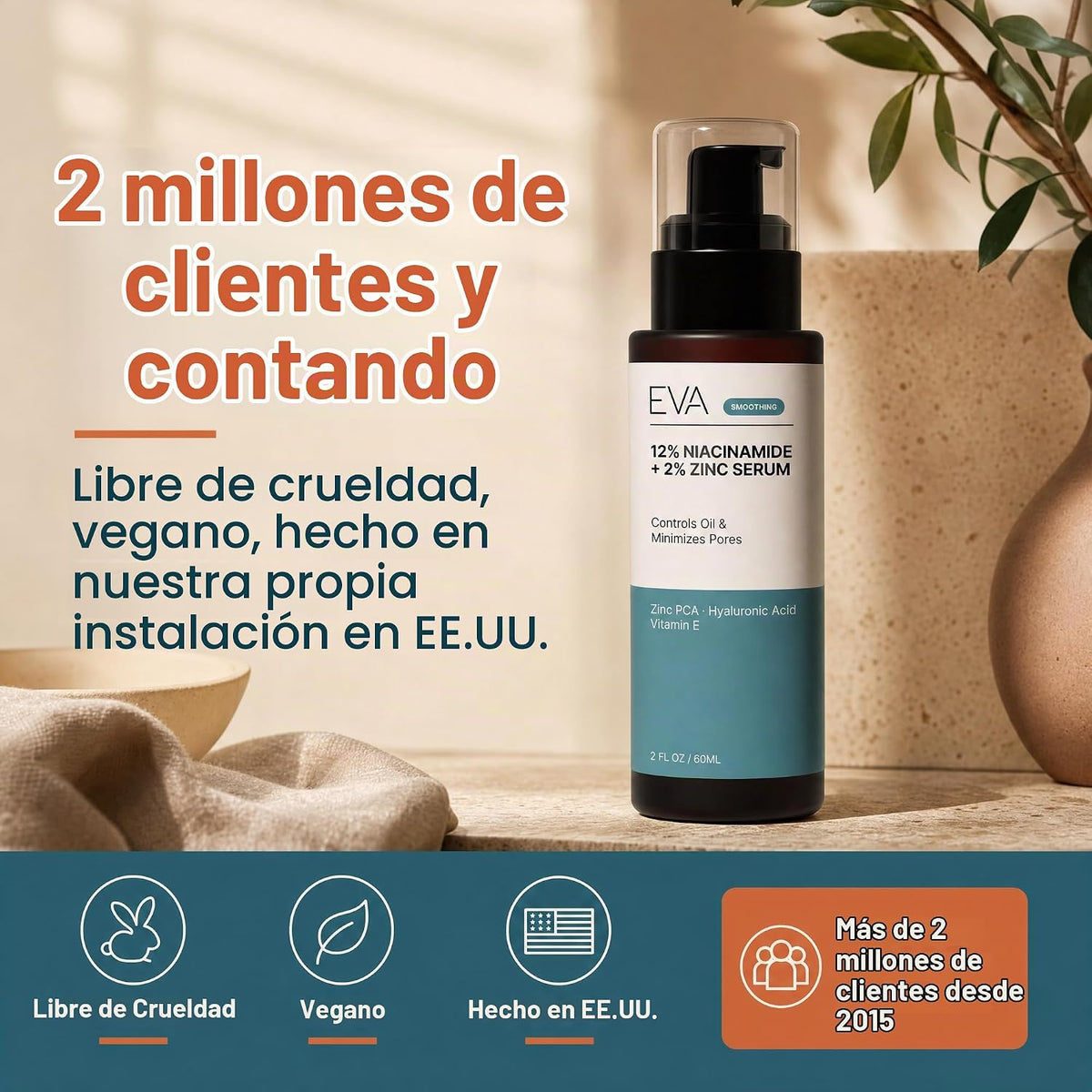 Eva Naturals - Suero de niacinamida 12% + zinc con ácido hialurónic...