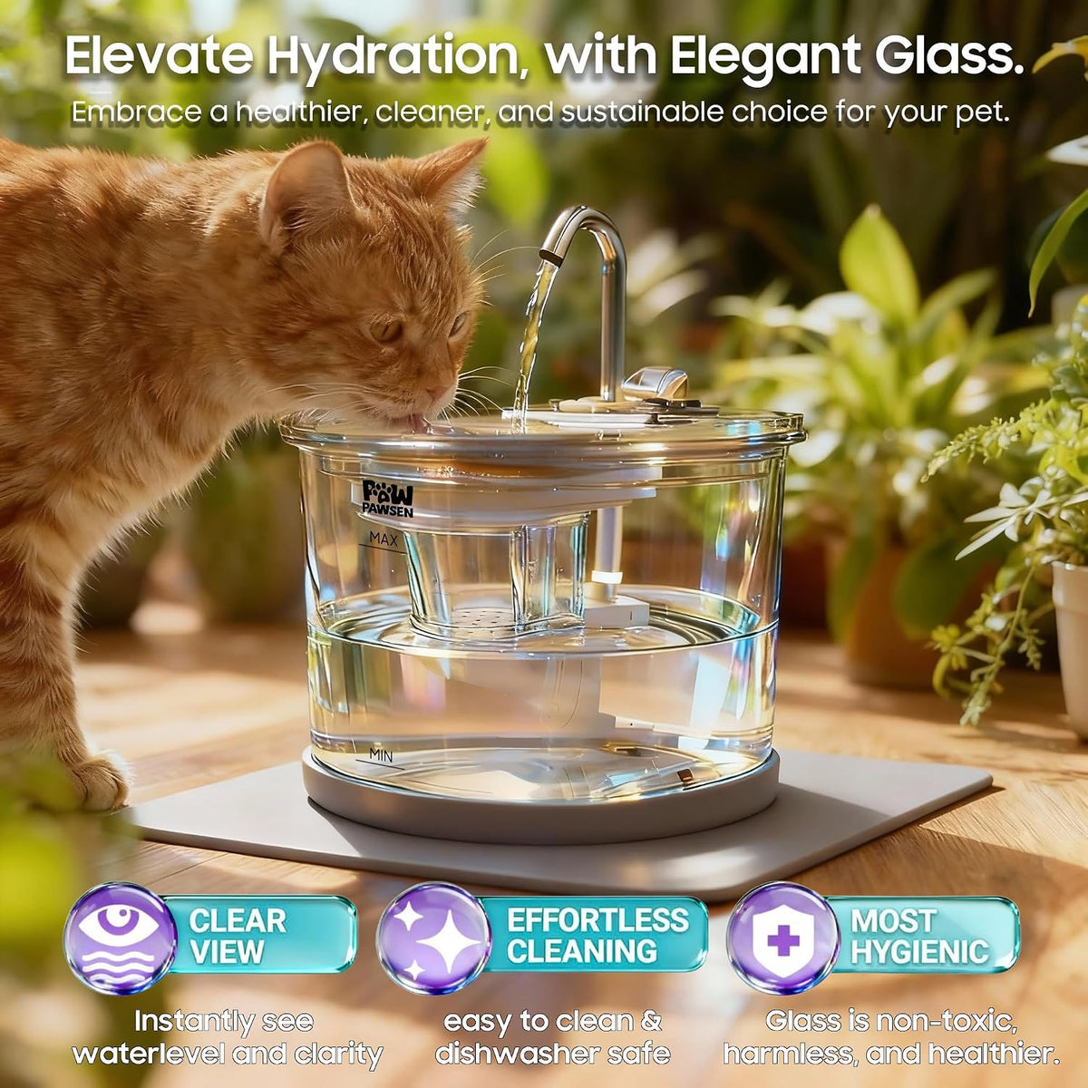 PAWPAWSEN Fuente de agua de cristal para gatos, 70 onzas, apta para...
