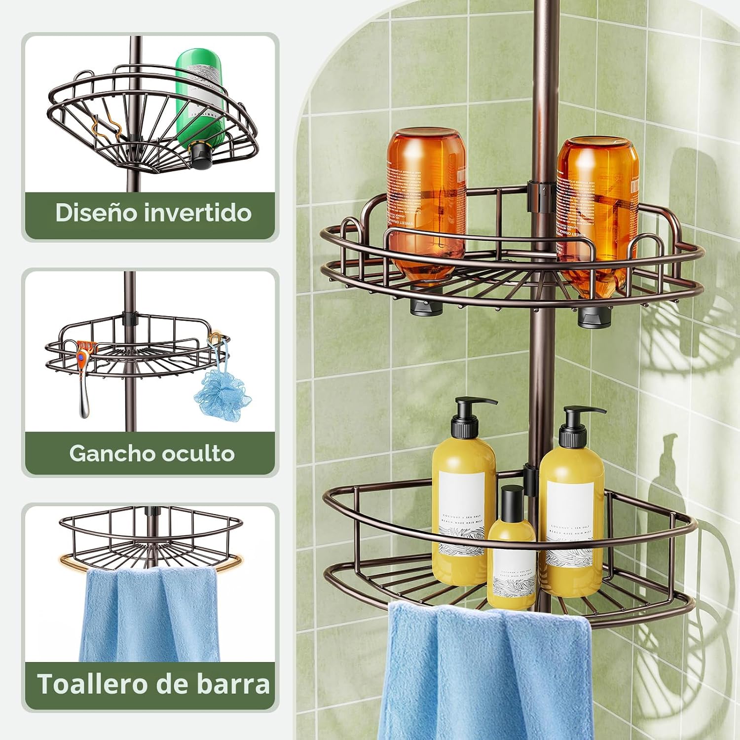 HAMITOR Organizador de Ducha de Esquina con Barra de Tensión: Estan...