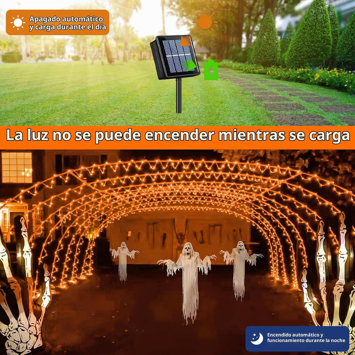 QITONG Luces solares de Halloween naranjas, 66 pies, 200 luces LED...