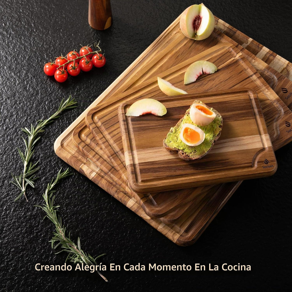 Juego de 4 tablas de cortar de madera de teca para cocina, resisten...
