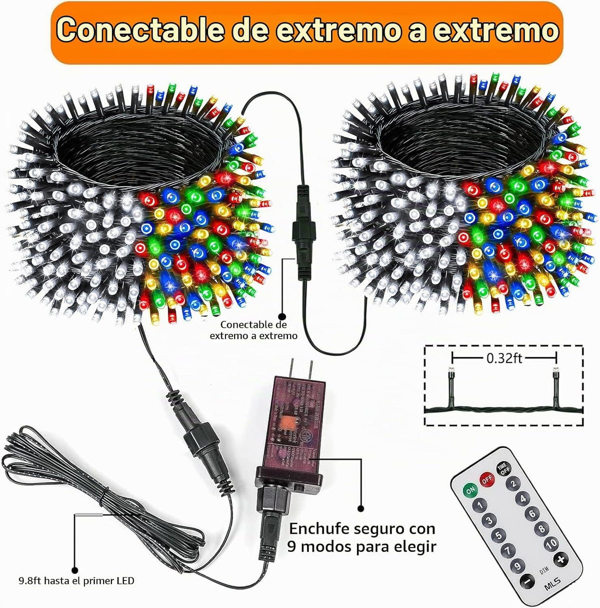 Luz navideña que cambia de color conectable de 75,8 pies con tempor...