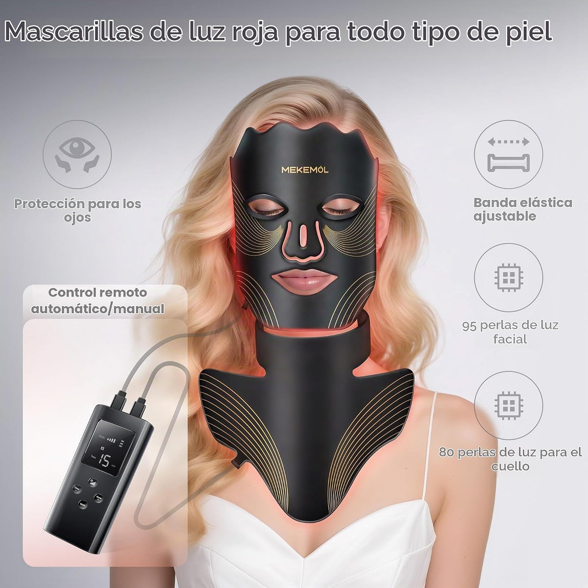 MEKEMOL Máscara de luz roja para cara y cuello con protección ocula...