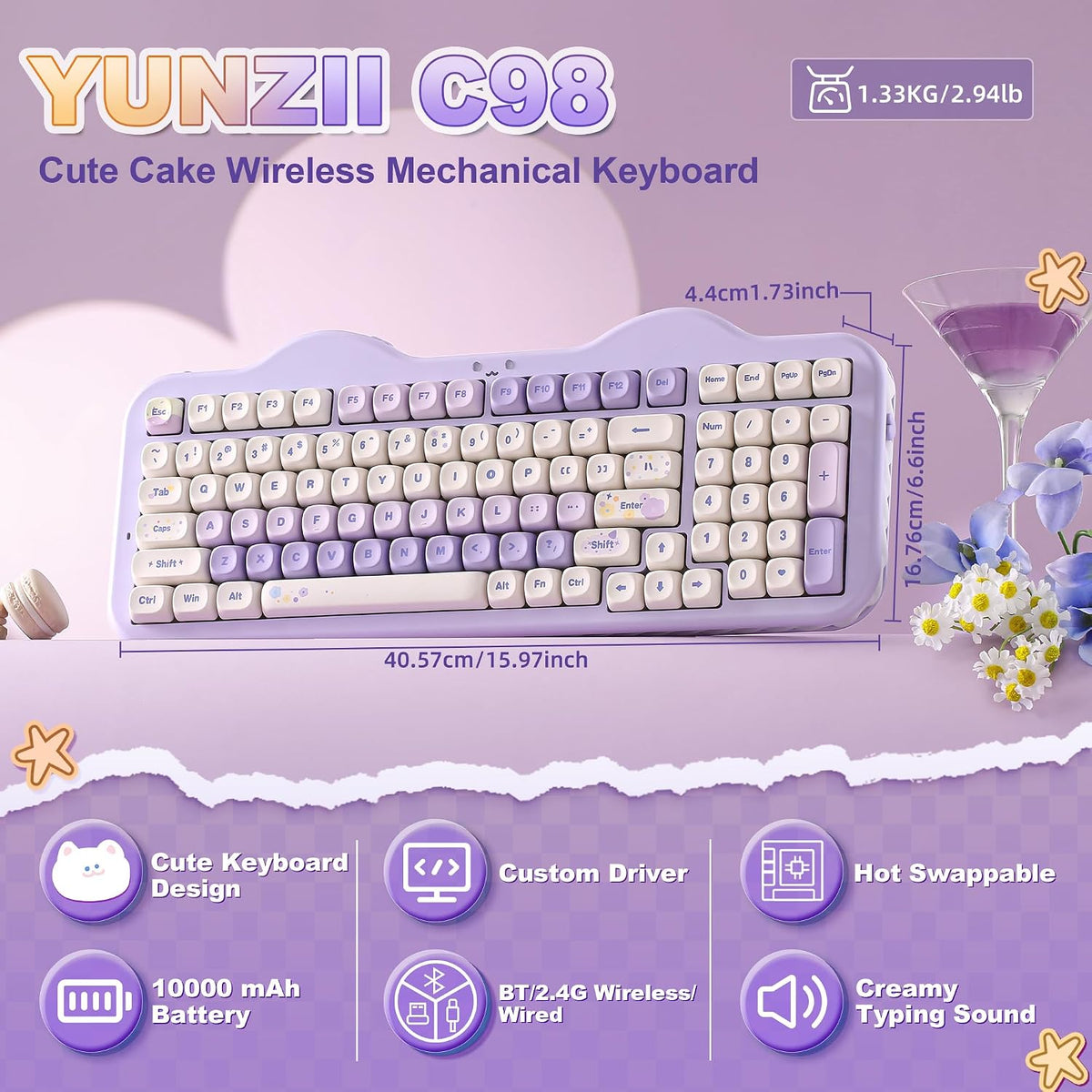 YUNZII Teclado mecánico inalámbrico C98 Cute Cake (morado, interrup...