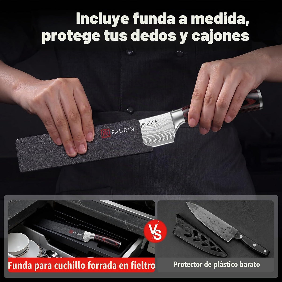 PAUDIN Cuchillo de chef, cuchillo de cocina afilado de acero inoxid...