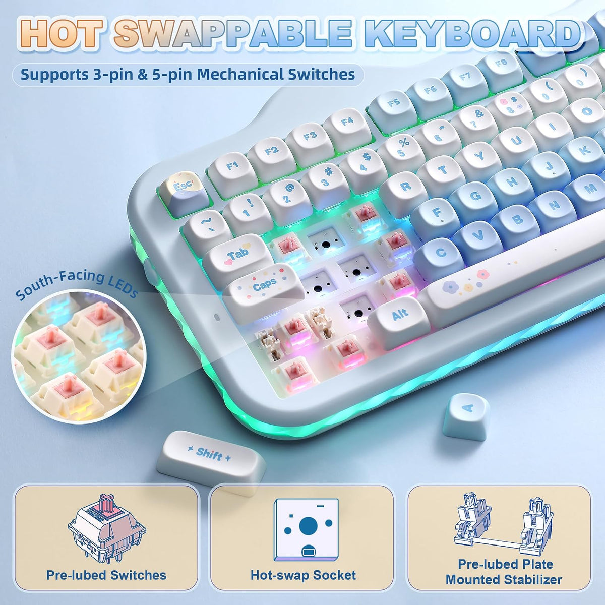 YUNZII Teclado mecánico inalámbrico C98 Cute Cake (azul, interrupto...