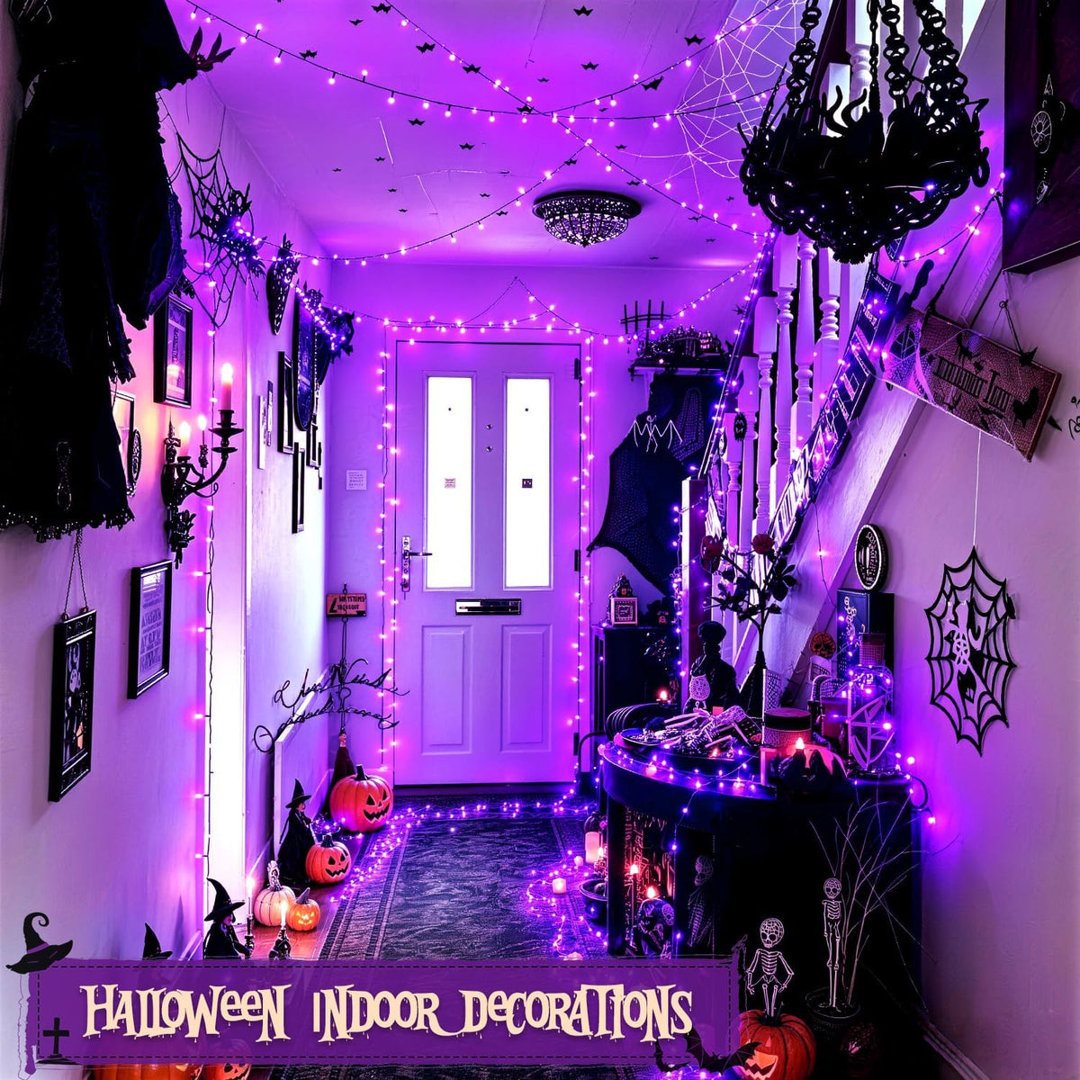 JMEXSUSS 250 luces LED moradas de Halloween, luces moradas conectab...