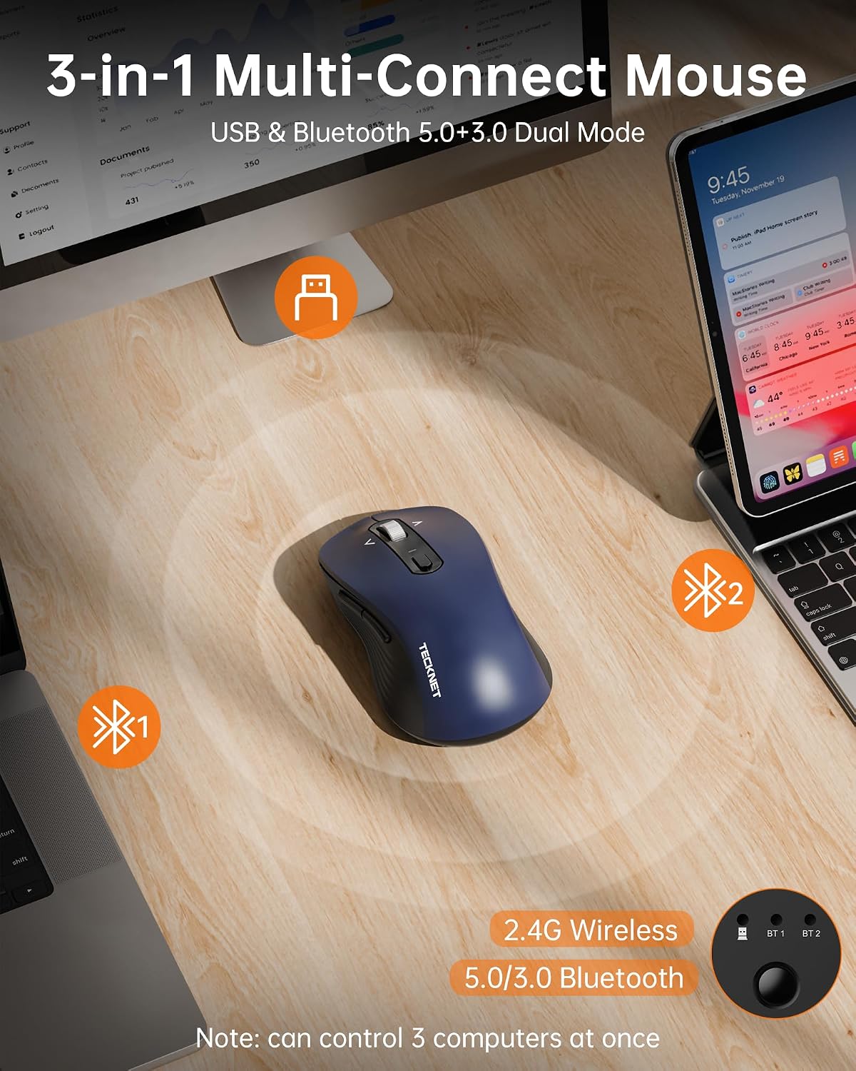 TECKNET Ratón Bluetooth inalámbrico de 3 dispositivos con rueda de...