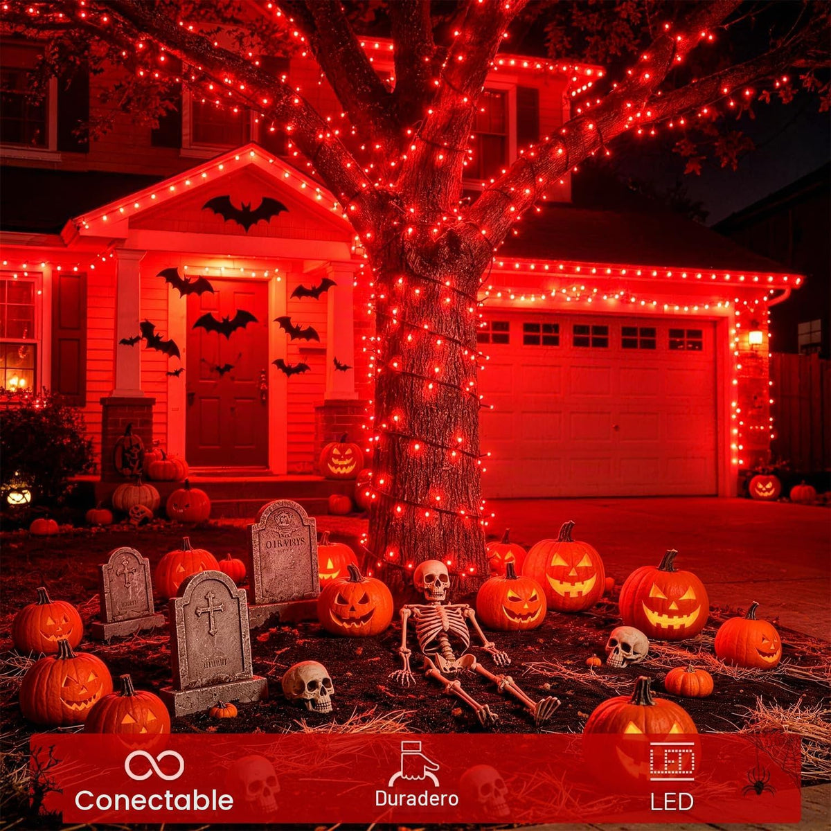 JMEXSUSS 250 luces LED rojas para Halloween, 91.5 pies de luces roj...