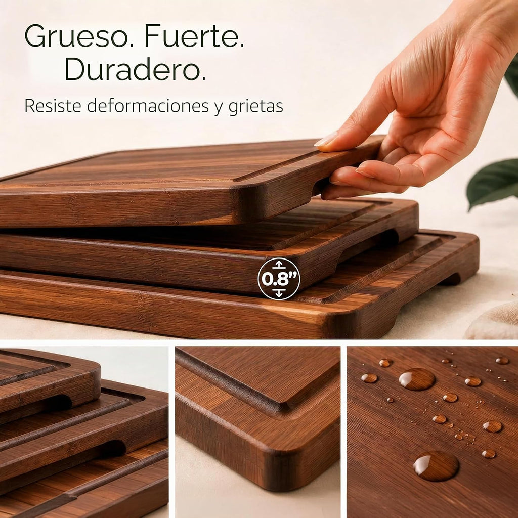 Juego de 3 tablas de cortar de madera de acacia con soporte, ranura...