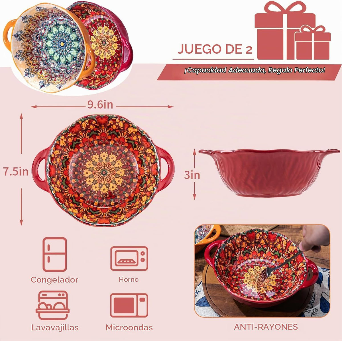 Juego de 2 cuencos de cerámica boho con asas, cuencos de cerámica g...