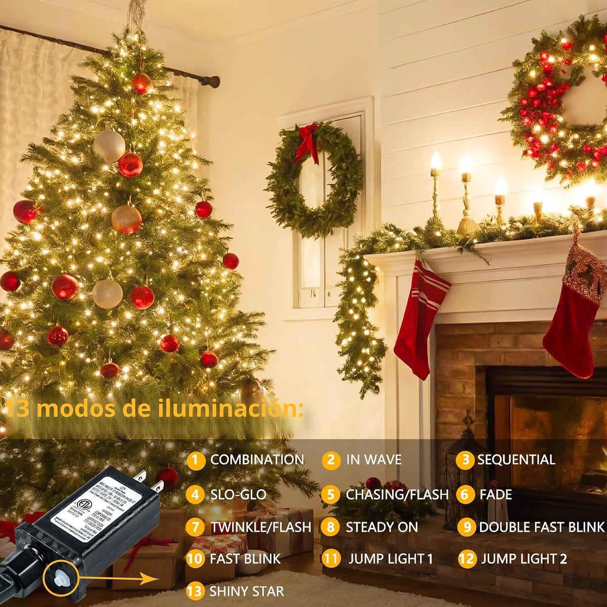 Guirnalda de 300 luces LED, luces de Navidad extralargas de 99 pies...