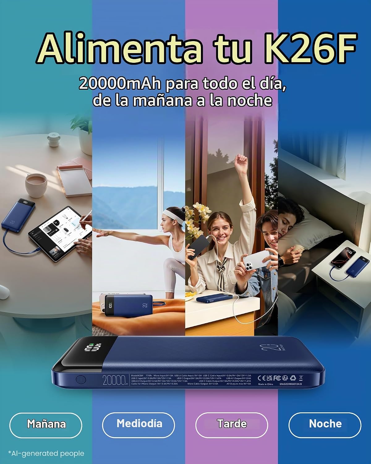Orfeika 20000mAh Power Bank, cargador portátil con 4 cables incorpo...