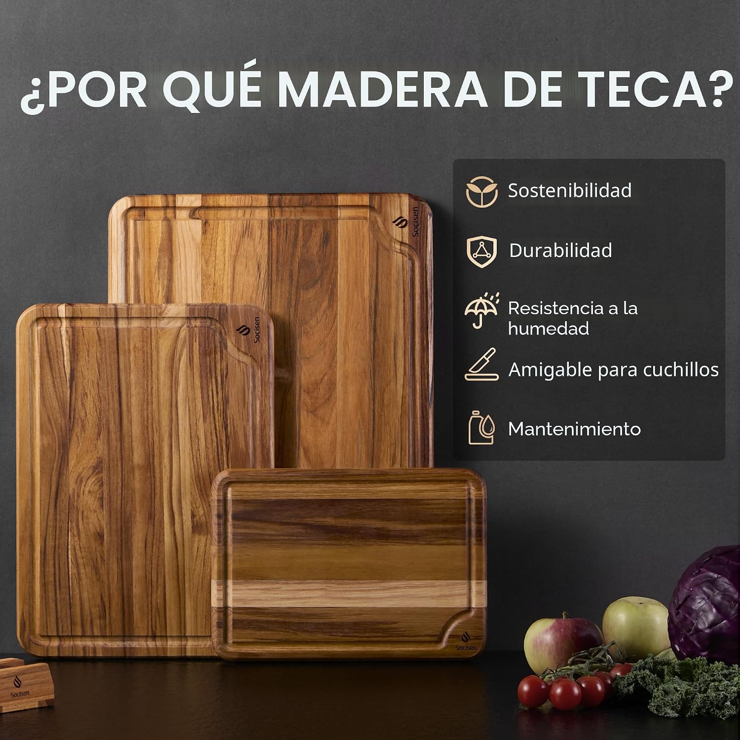 Juego de 3 tablas de cortar de madera de teca para cocina, tabla de...