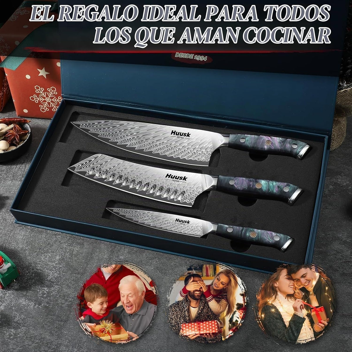 Huusk - Juego de cuchillos japoneses de acero inoxidable con funda...