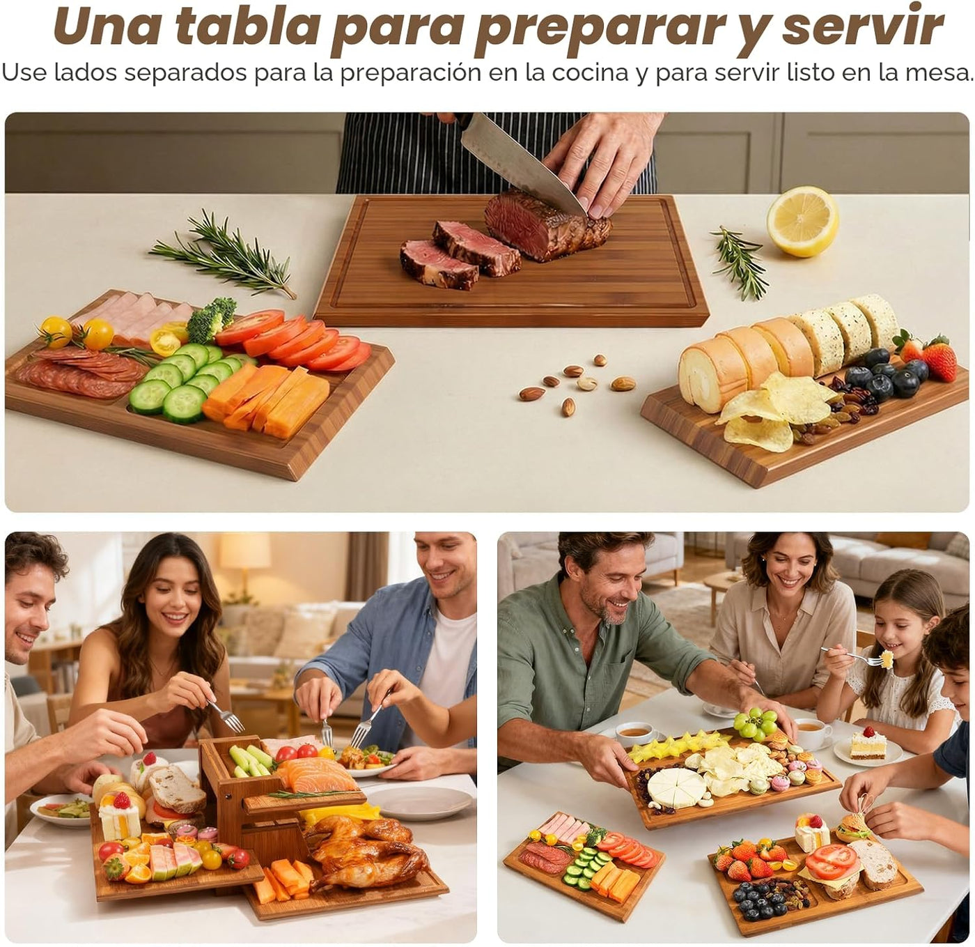 Juego de tablas de cortar de bambú con soporte, 3 tablas de cortar...