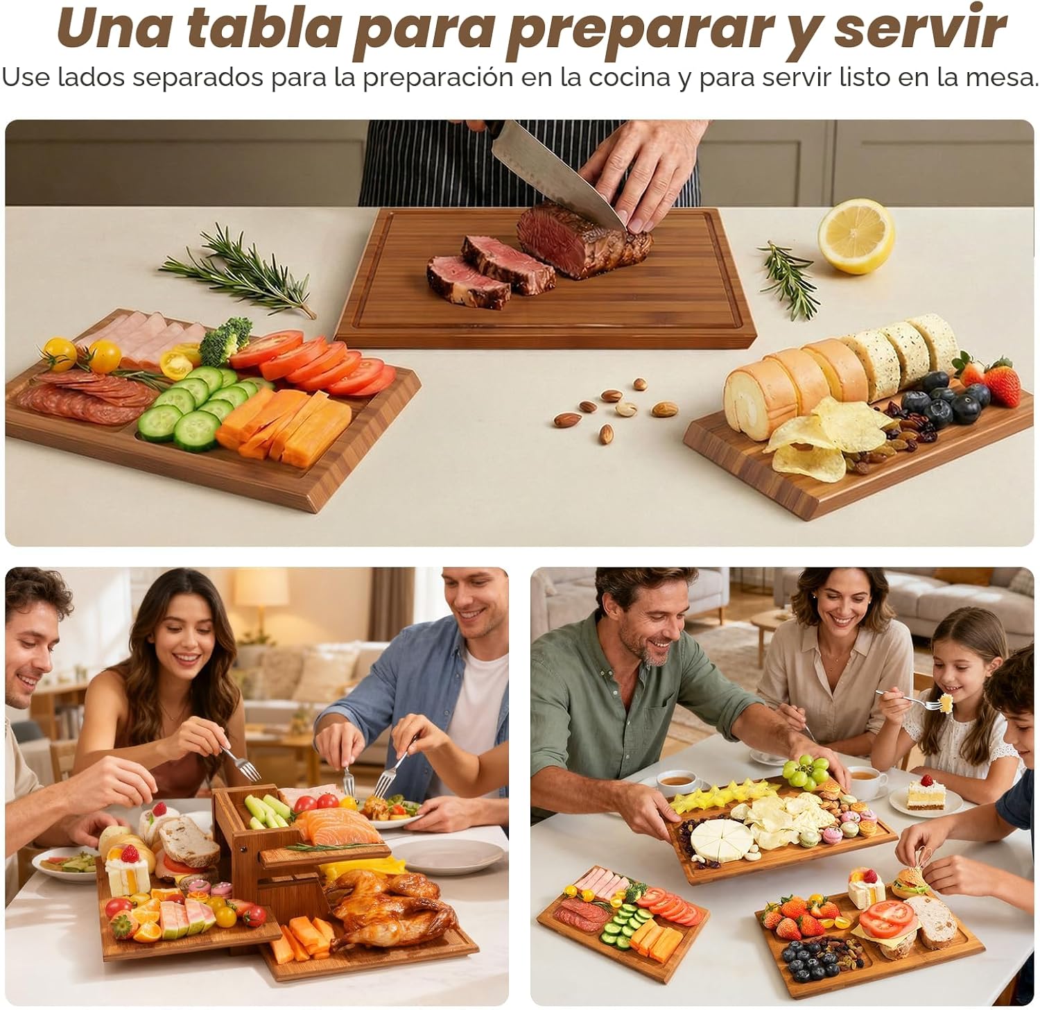 Juego de tablas de cortar de bambú con soporte, 3 tablas de cortar...