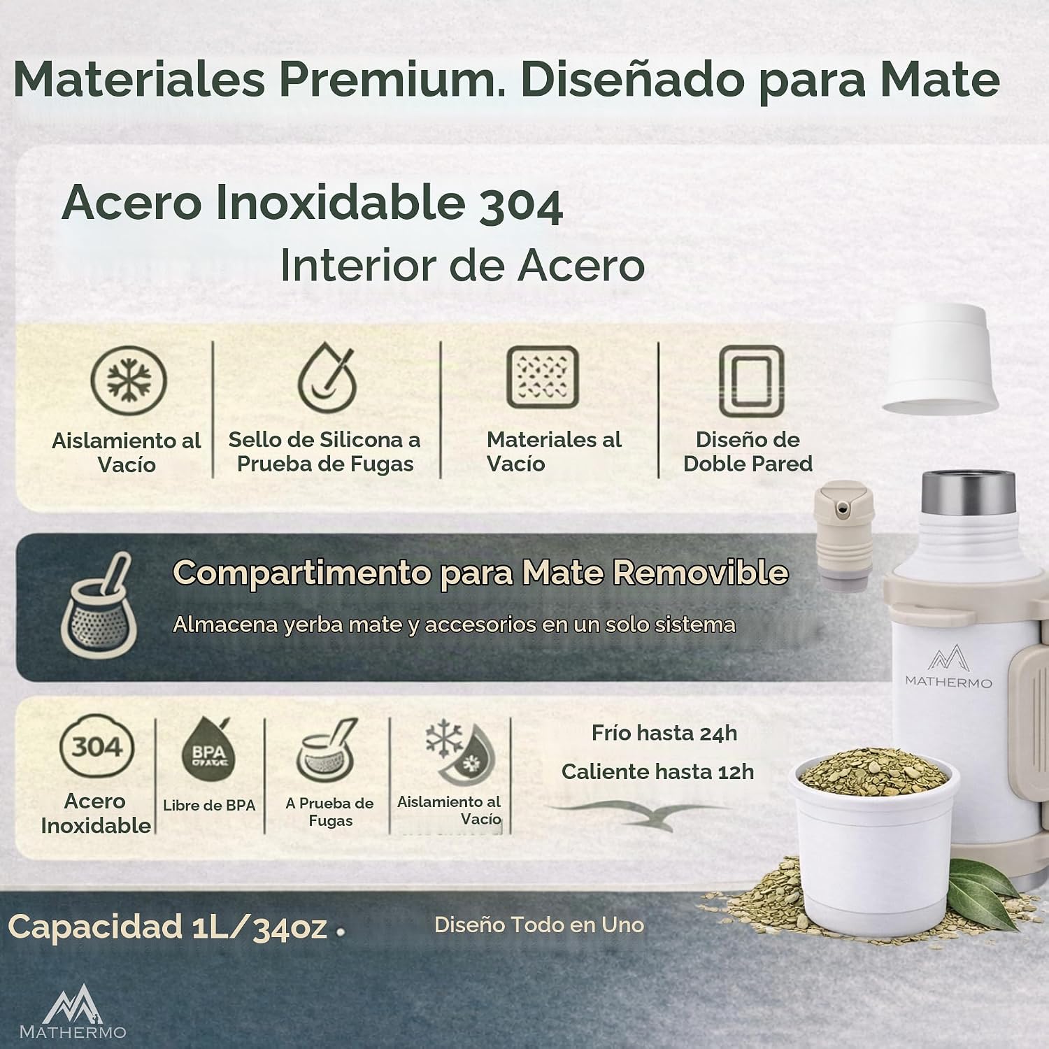 MATHERMO Todo-en-Uno Mate Thermo con compartimento de yerba integra...