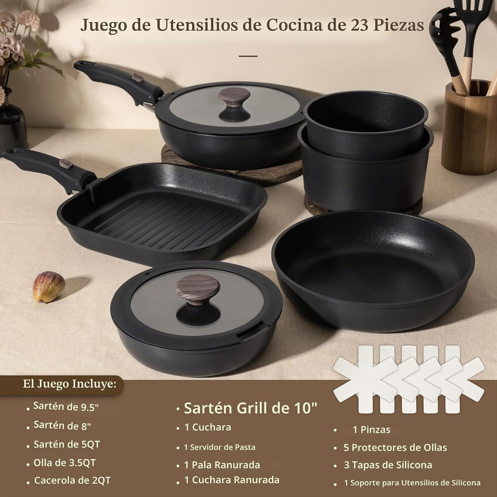 Astercook Juego de 23 ollas y sartenes antiadherentes, juego de ute...