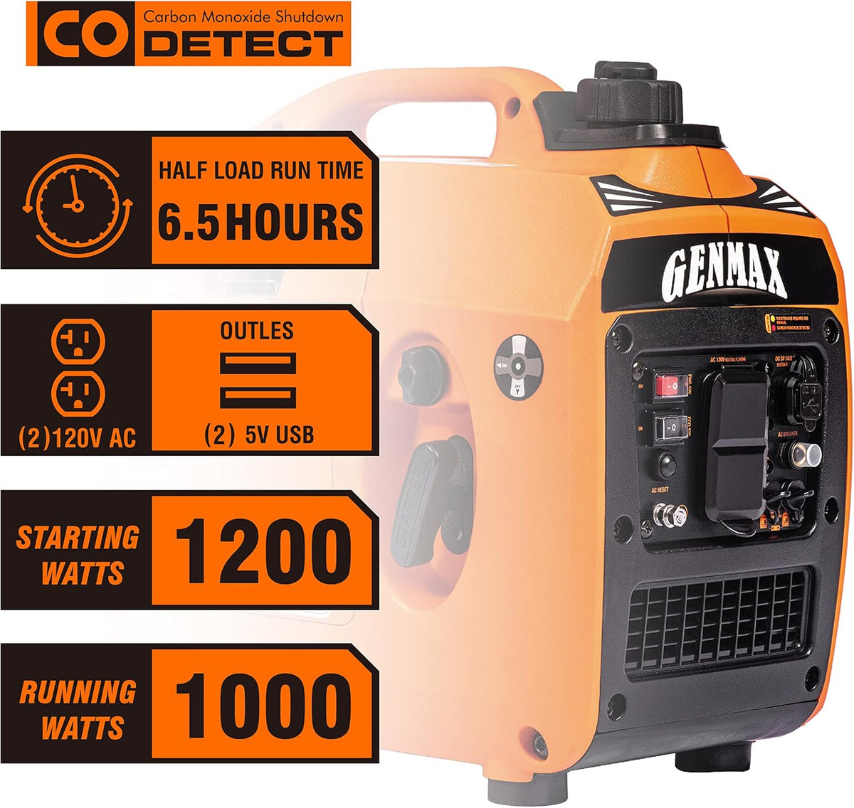 GENMAX Generador portátil, motor de gas ultra silencioso de 1200 W,...