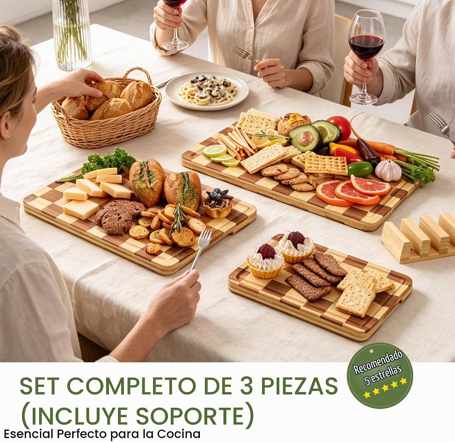 Juego de 3 tablas de cortar de bambú para cocina, tabla de cortar d...
