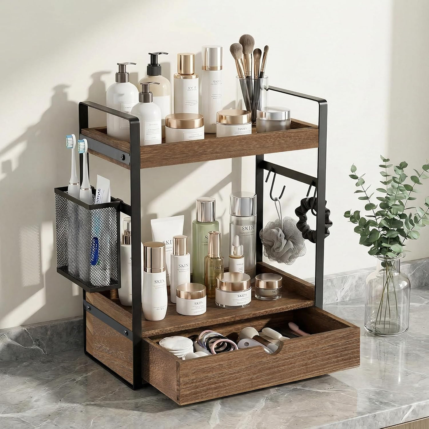 Organizador de mostrador de baño de 2 niveles con cesta de cajón y...
